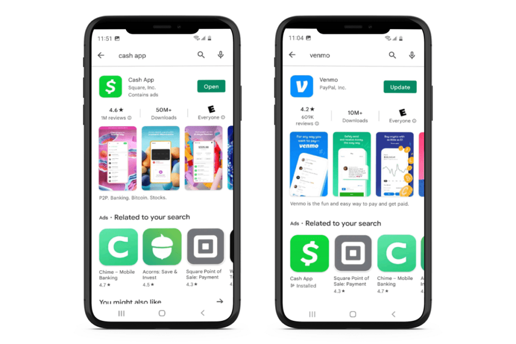 Cash App and Venmo displayed on two smartphones